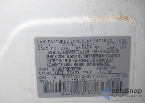 2019 Nissan Sentra Sv z USA, uszkodzony, nr VIN 3N1AB7AP0KY423207